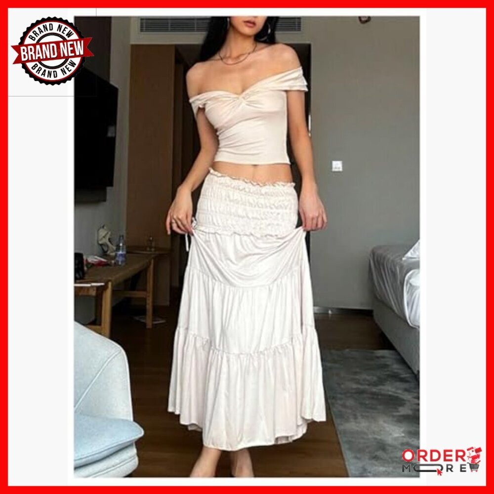 Large 2-Piece Skirt Set with Off-Shoulder Crop Top and Ruffle Maxi Skirt - Picture 5 of 6